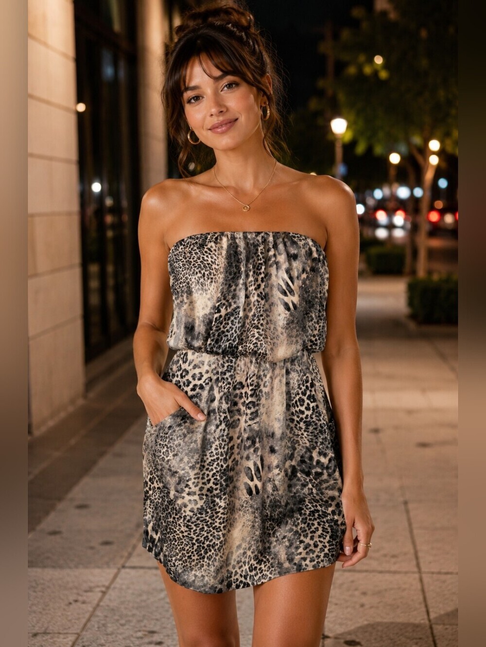 Y2K City Triangles Strapless Animal Print Bubble Mini Dress Pockets M